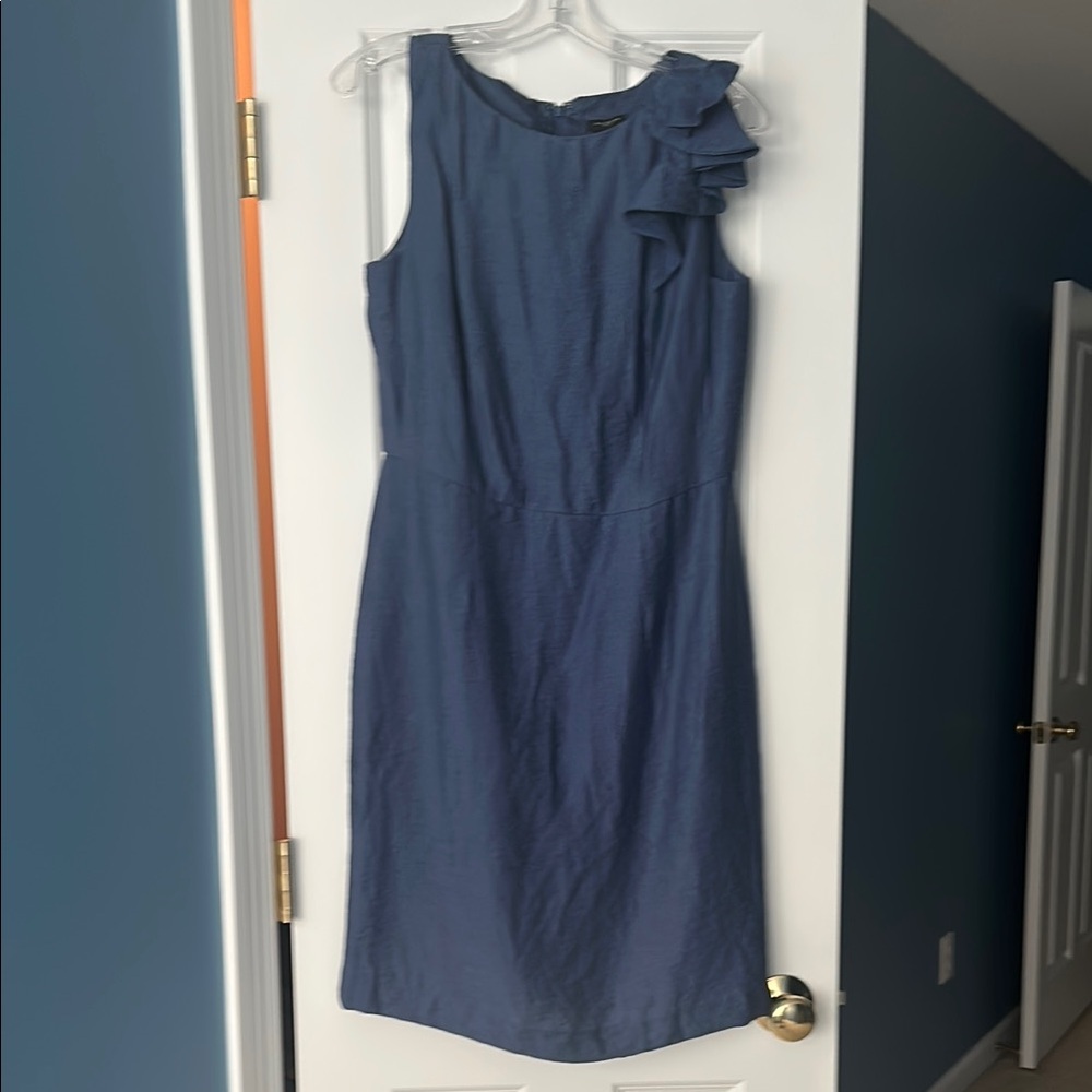 Ann Taylor Blue Sheath Midi Dress Ruffled Crew Neck